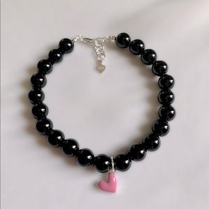 Black Onyx Sterling Silver Heart Charm Bracelet